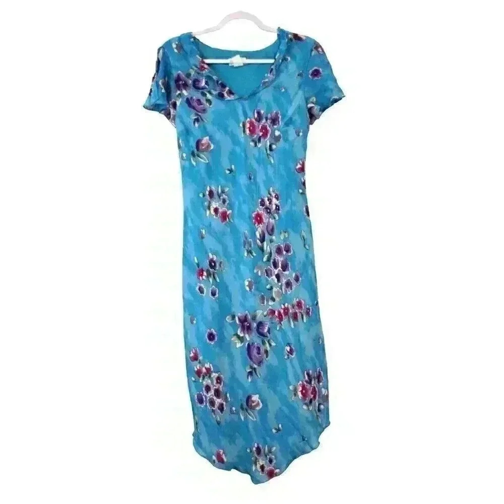 Vintage CDC 80s 90s Maxi Dress Sz 10 Curved Hem Multicolor Floral Flowy Flutter